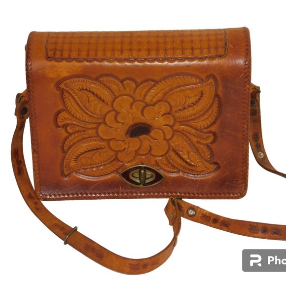 Vintage Handbags - Vintage Tooled Leather Handbag Floral Shoulder Bag Western Purse